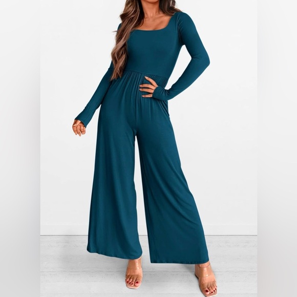 KIRUNDO Pants - Teal Long Sleeve Wide Leg Jumpsuit NWT